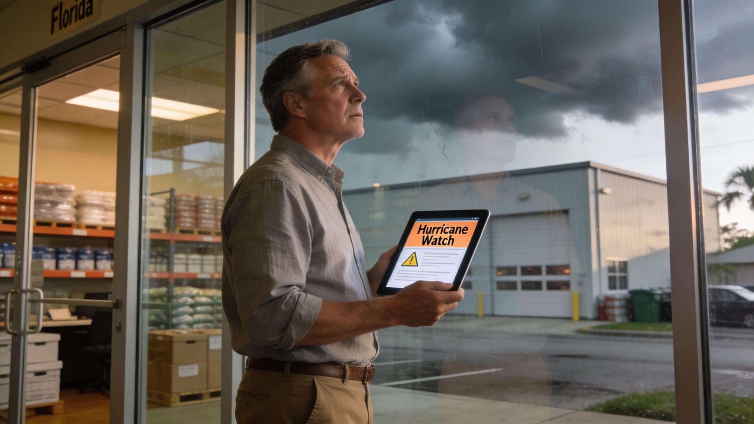 A concerned business owner in a store looking at a hurricane watch alert on a tablet.