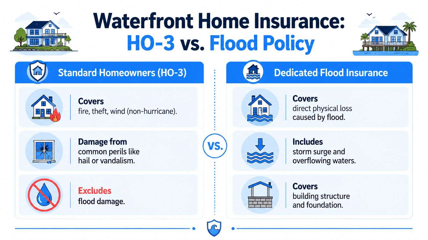 A comparison infographic between standard HO-3 homeowner insurance and dedicated flood insurance for waterfront properties.